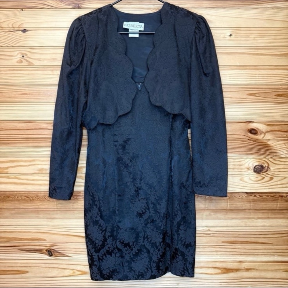 Vintage Roberta little Black Brocade Dress & Jacket Set Size 13/14 Made in USA